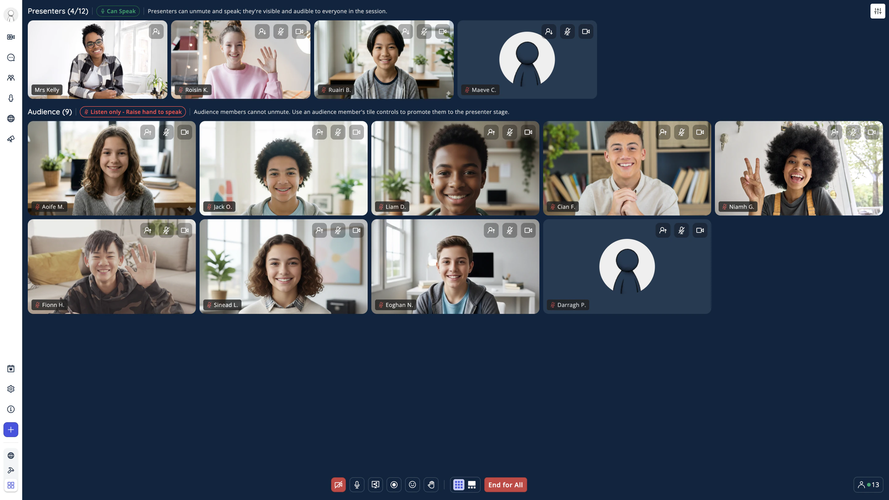 Four Presenters on the stage above nine students in the Audience grid, each tier with its badge and helper text