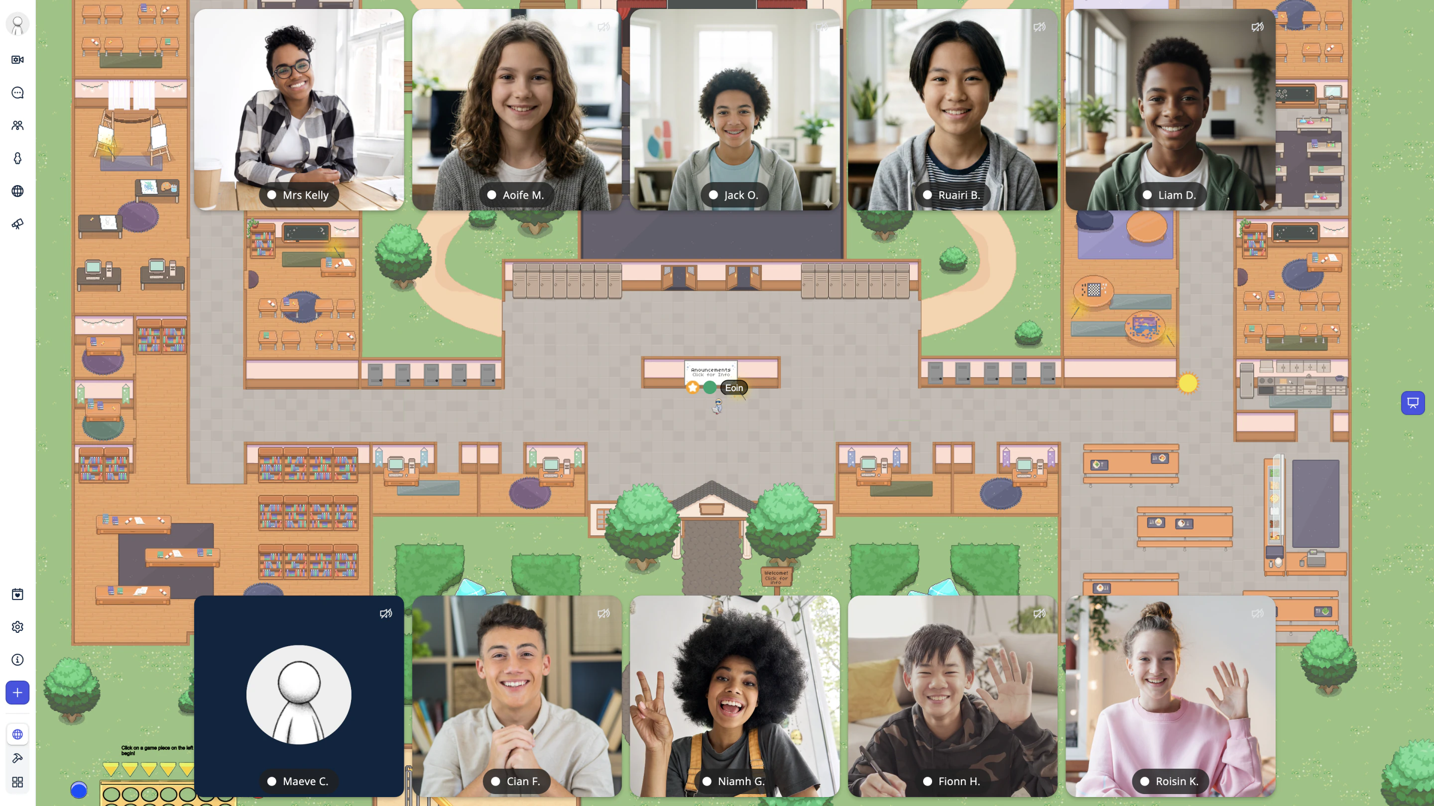 Explore Mode: the school world map, with video tiles for the people nearby along the top and bottom